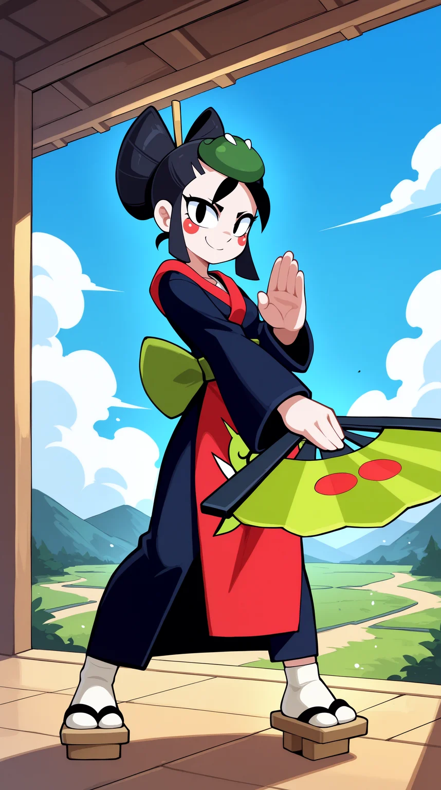 masterpiece, best quality, amazing quality, aesthetic, absurdres, best quality, 4k, upscale, indoors,sky, landscape, (dynamic pose, fighting stance, foreshortening), kaze, solo, 1girl, black hair, japanese clothes, black eyes, smile, geta, dual wielding, hand fan, kimono, sandals, standing, apron, looking at viewer, hair stick, <lora:Kaze_IL:0.8>