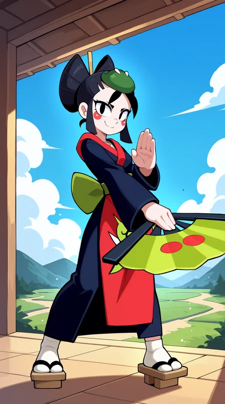 masterpiece, best quality, amazing quality, aesthetic, absurdres, best quality, 4k, upscale, indoors,sky, landscape, (dynamic pose, fighting stance, foreshortening), kaze, solo, 1girl, black hair, japanese clothes, black eyes, smile, geta, dual wielding, hand fan, kimono, sandals, standing, apron, looking at viewer, hair stick, <lora:Kaze_IL:0.8>