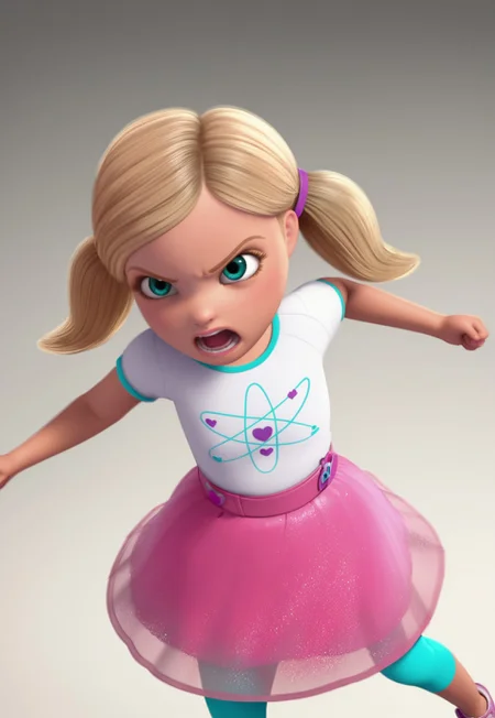 zPDXL3, 1girl, solo, chelsea_roberts, twintails, aqua eyes, blonde hair, white shirt, short sleeves, pink skirt, leggings, fight pose, dynamic angle, angry, open mouth, child, female child,