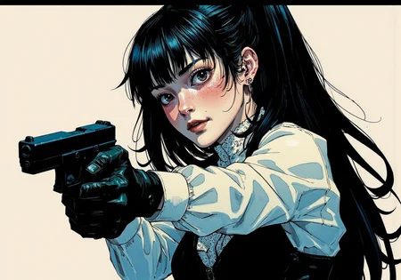 detailed digital illustration of a goth young woman aiming G17Model glock handgun, wearing white lace blouse, black leather skirt, detailed background, Colored JJK Manga Style, (Mangaka style:0.5)<lora:Jujutsu_Kasien_Colored_Manga-000001.safetensors:1.0:1.0> <lora:Glock (G17)_epoch_12.safetensors:1:1> <lora:Mangaka V2.safetensors:0.5:0.5>