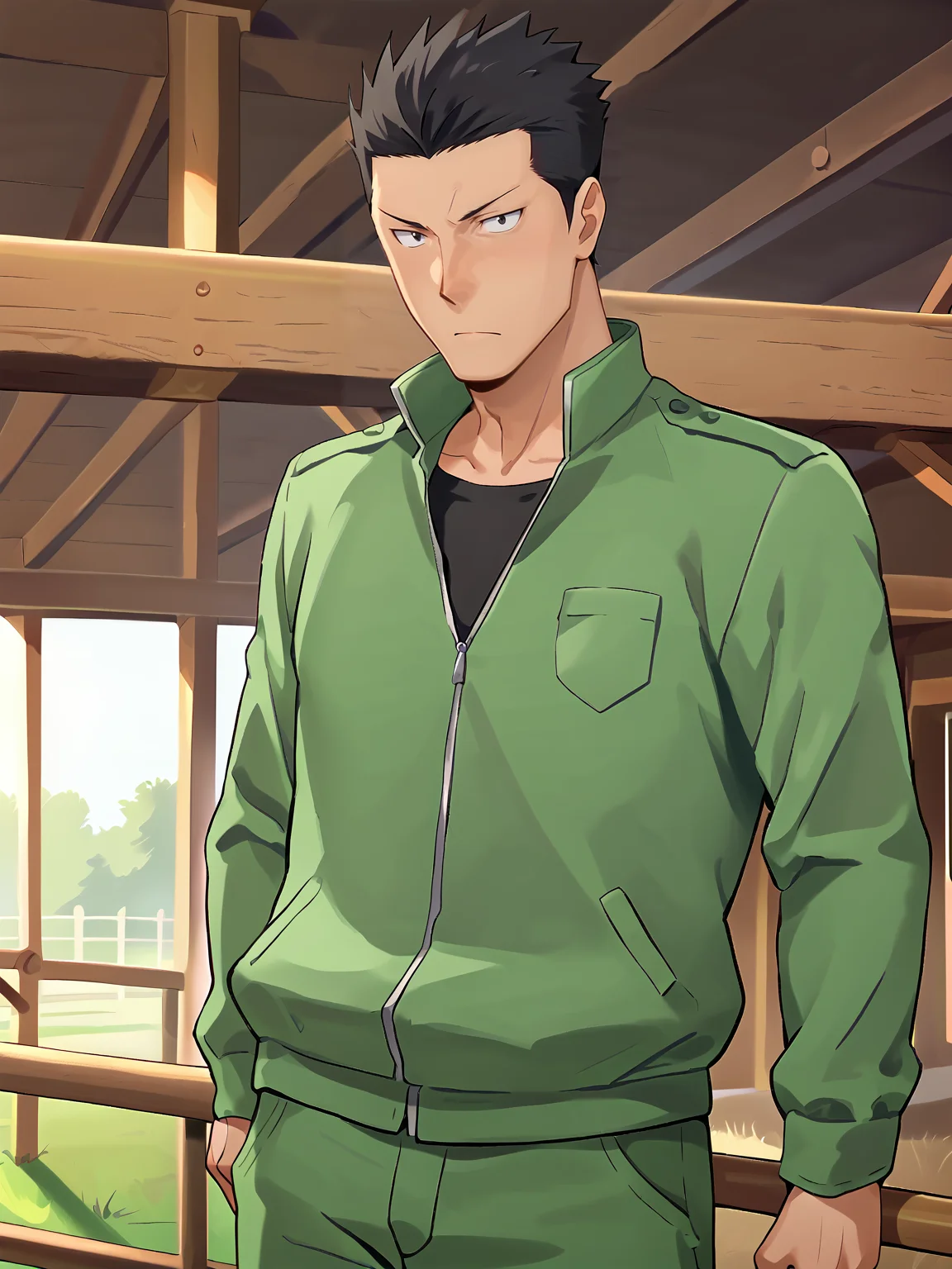 score_9, score_8_up, score_7_up, hires, cowboy shot, anime screenshot, official art, BREAK,
NSFW, 1boy, solo male,
<lora:Komaba_Ichirou_Silver_Spoon:0.8> k0maba, black hair, black eyes,
green jacket, green pants, black shirt,
farm, broom, railing,
leaning back, resting,
looking at viewer, relaxing, dutch angle, :<, light blush,
<lora:Smooth Anime 2 Style SDXL_LoRA_Pony Diffusion V6 XL:0.7>