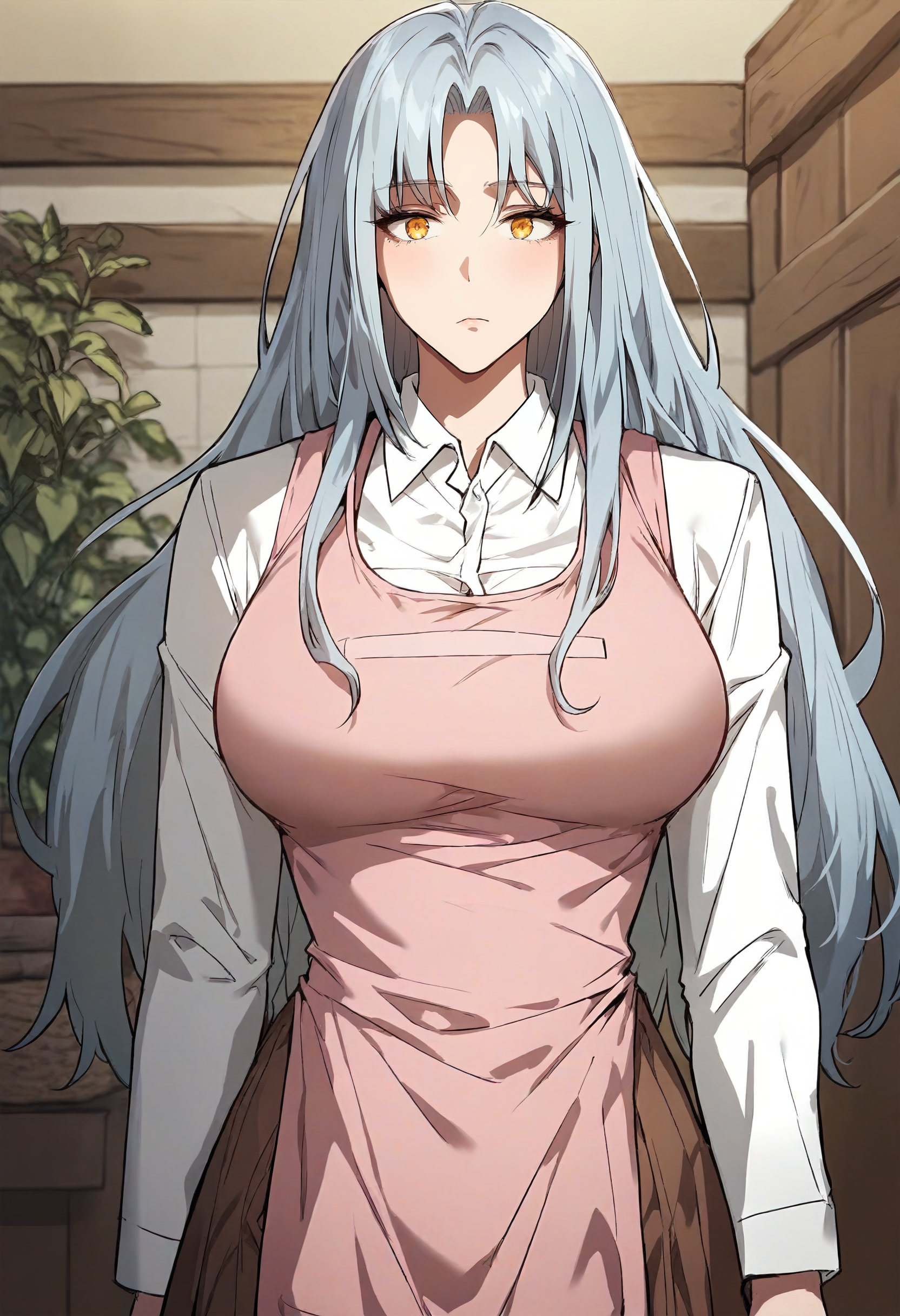 score_9, score_8_up, score_7_up, score_6_up, source_anime, rating_explicit, 1girl, (solo:1.1), huge breasts, <lora:Iril prefectPonyxl:0.9> long hair, grey hair, yellow eyes, parted bangs, light blue hair, white shirt, collared shirt, long sleeves, pink apron, brown skirt, expressionless, indoors, looking at viewer, standing