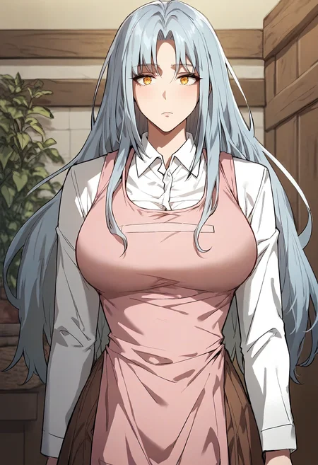 score_9, score_8_up, score_7_up, score_6_up, source_anime, rating_explicit, 1girl, (solo:1.1), huge breasts, <lora:Iril prefectPonyxl:0.9> long hair, grey hair, yellow eyes, parted bangs, light blue hair, white shirt, collared shirt, long sleeves, pink apron, brown skirt, expressionless, indoors, looking at viewer, standing
