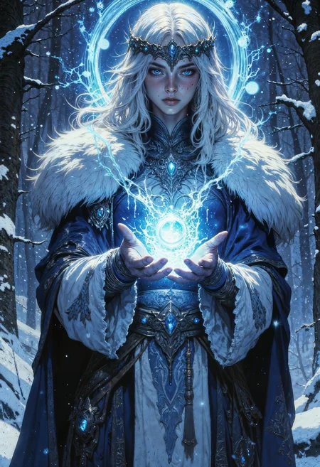 A highly detailed digital artwork depicting a mystical, fantasy character set against a dark, snowy forest backdrop. The central figure is a female sorceress with an ethereal, otherworldly presence. She has long, flowing white hair that appears almost luminous, with strands illuminated by an eerie, blue glow emanating from her hands. Her eyes are piercing, with an intense blue hue, and her expression is a mix of determination and mystery.
She wears an elaborate, icy blue and white outfit adorned with intricate patterns and textures that resemble frost and snow. Her attire includes a high-collared, fur-trimmed cloak and a belt with a large, ornate pendant, hinting at her magical prowess. She also has a headpiece resembling a crown with blue, gem-like adornments.
The background is a dense forest blanketed in snow, with dark, bare trees that create a stark contrast to the bright, glowing aura surrounding the sorceress. The snow on the ground sparkles with a similar blue light, enhancing the magical atmosphere. The overall color palette is dominated by cool blues and whites, contributing to the wintry, mystical feel of the scene. This image combines elements of fantasy, magic, and the beauty of nature, creating a captivating and immersive visual experience.