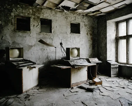 best quality, realistic, vray, hdr, inside a post-apocalyptic radio station, dusty sound booth, old records, broken antenna., by Eve Arnold, Chern4byl enviroment  <lora:Chenorbyl_v1:0.8>