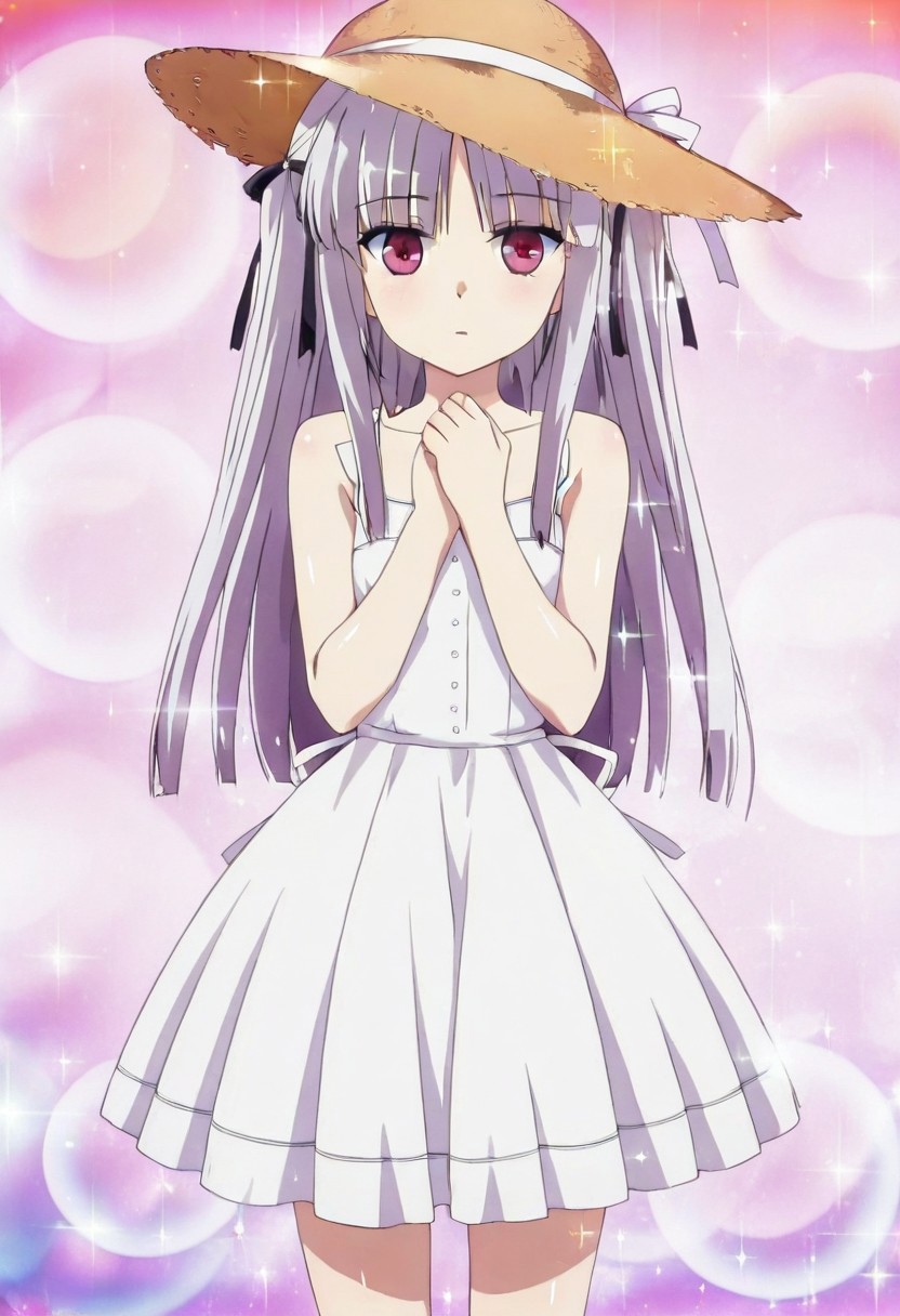 YurieSigtuna, eye catching,  masterpiece, best quality, shiny hair, shiny skin, 1girl, looking at viewer, hat, dress, ribbon, bare shoulders, hair ribbon, white dress, sparkle, sun hat, straw hat, sundress, cowboy shot, detailed eyes, shinny beautiful eyes, anime style,