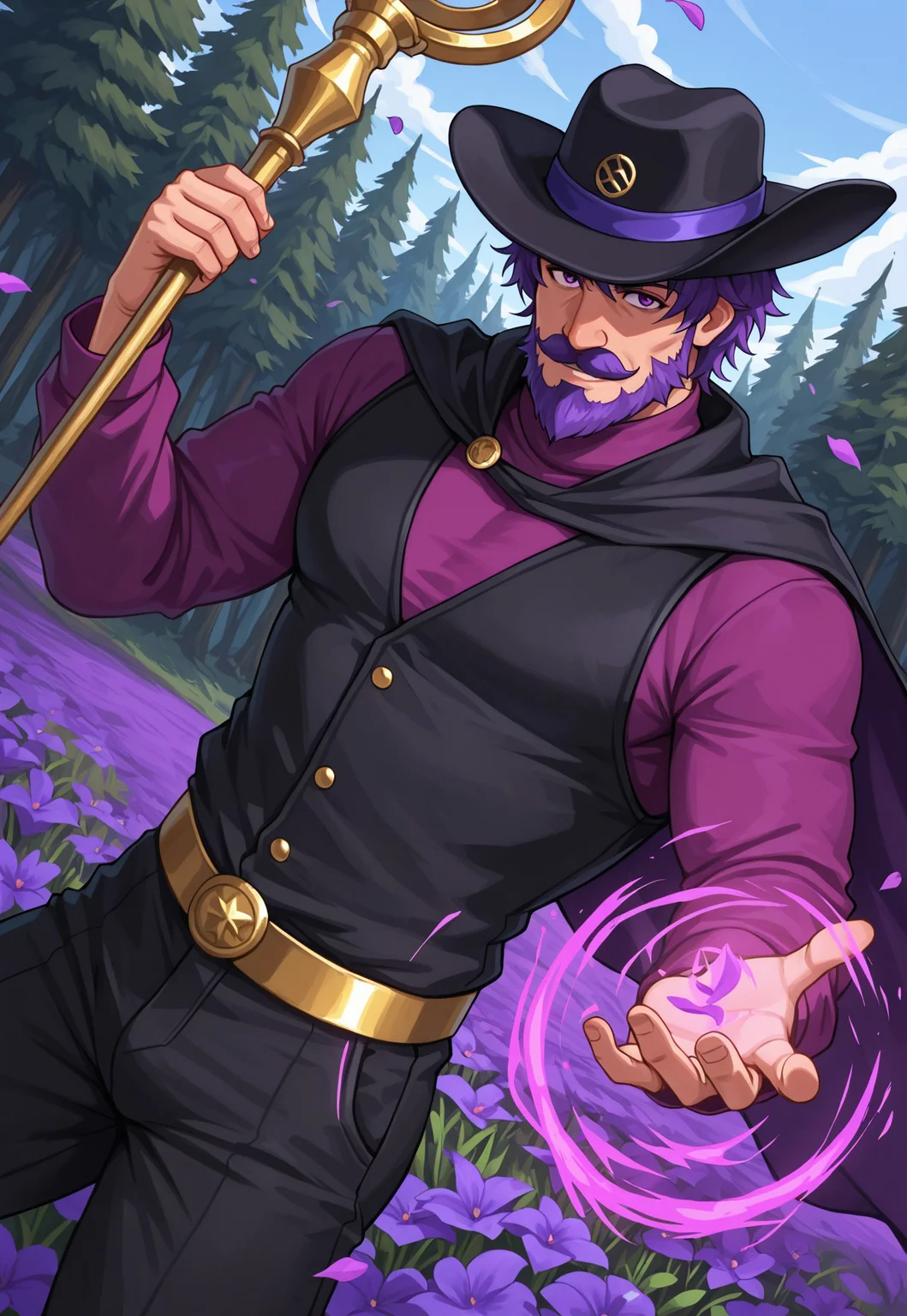 masterpiece, best quality, amazing quality, RasmodiusSV, purple hair, short hair, purple eyes, beard, mustache, mature male, muscular, hat, cape, violet turtleneck shirt, black vest, upper body,, looking at viewer, smile, dynamic pose, detailed background, dutch angle, forest, blue sky, clouds, flowers, petals on the wind, holding a staff, gold belt, black pants, cowboy shot, magic,