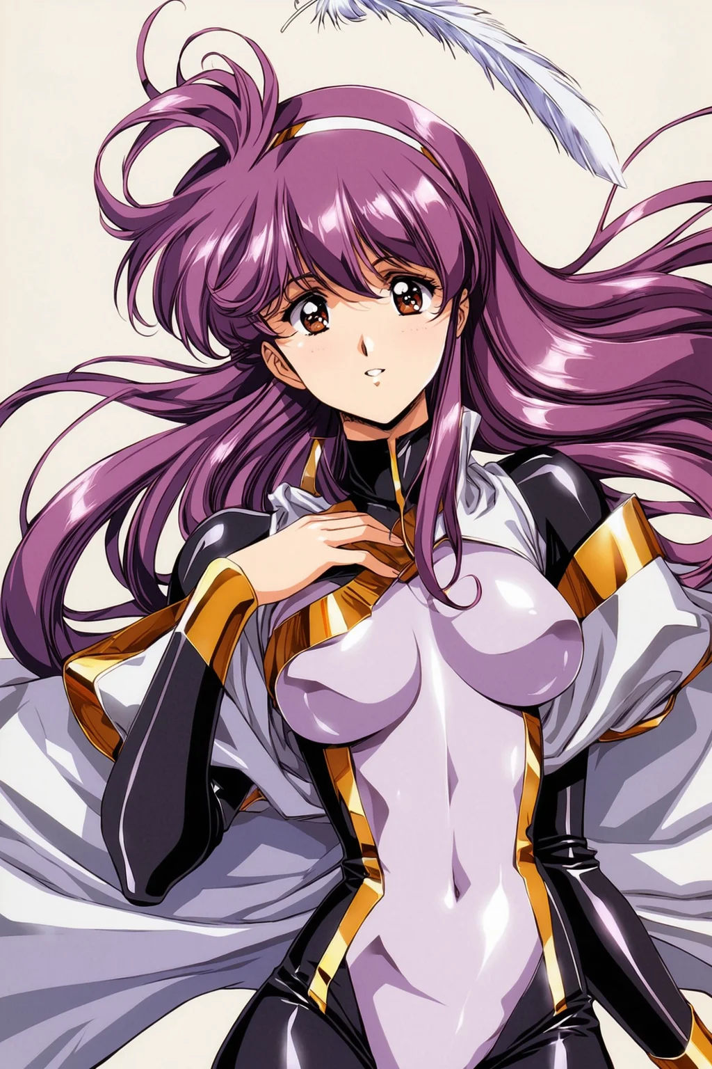 1girl,solo,purple hair,hairband,feathers,white background,brown eyes,retro artstyle,breasts,white cape,bodysuit,smile,simple background,medium breasts,shiny,covered navel,long hair,hand on own chest,shiny clothes,looking at viewer,parted lips,skin tight,puffy sleeves,<lora:Urushihara Satoshi_XL_V2:0.8>,