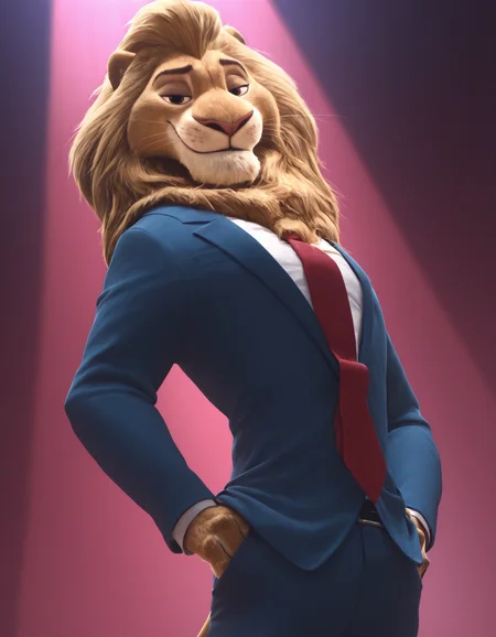 zootopia artstyle,
masterpiece, best quality,
pinup pose, looking at viewer, perfect face, colorful, dramatic angle, unique perspective, unique angle, detailed, intricate details, highres, absurdres, smile, on stage, furry male, solo, lion, lionheart, red necktie, lion tail, whiskers, brown eyes, blue suit, white shirt, brown fur, smug, cowboy shot, closed mouth
<lora:Zootopia_Art_Style_ill_3D:1>âââ