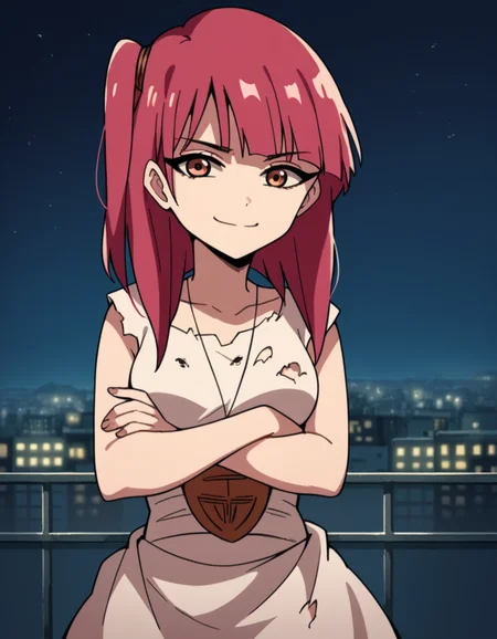 score_9, score_8_up, score_7_up, source_anime, <lora:magi-morgiana-s1-ponyxl-lora-nochekaiser:1>, morgiana, orange eyes, red hair, one side up, medium breasts,, dress, sleeveless dress, collarbone, necklace, torn clothes, torn dress,, city skyline, rooftop view, night time, city lights, quiet reflection, , crossed arms, smug, looking at viewer, solo,, dutch angle, cowboy shot