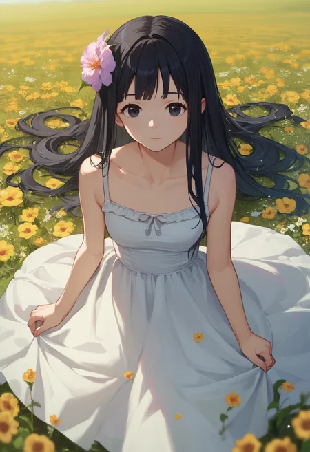 score_9, score_8_up, score_7_up, 1girl, Rinne, black hair, long hair, black eyes, sundress, flower field, looking at viewer, <lora:Rinne new 7-000010:1>