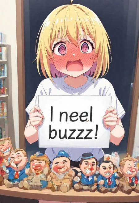 masterpiece, best quality, President Trump's bobblehead doll placed by the window, solo, need_buzz, holding sign, that reads "I need buzz!", (full—face blush:1.2),