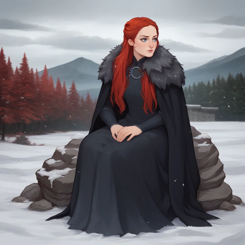 score_9_up, score_7_up, BREAK, SansaStark, 1girl, solo, long hair, red hair, blue eyes, black dress, armor, fur trim, cape, sitting on rock, outdoors, <lora:SansaStark_PXL_Leaf1:0.8>, snow,