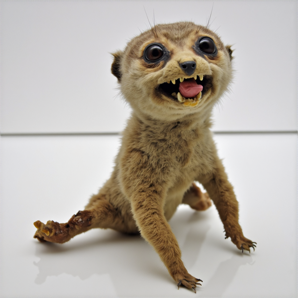 A photo of a badtxdrmy, bad taxidermy, A taxidermied meerkat pup with glassy, misaligned eyes that seem to stare in different directions. Its once-fluffy fur is now dull and matted, with bits of brown skin peeling off around the ears and paws. The little meerkat's legs are stiffly posed in an unnatural stance, as if it were caught mid-tumble, while its tiny paws appear to be fused together in a single, awkward claw. Its nose is slightly askew, giving the impression that it was reattached at an odd angle. The meerkat's normally alert expression has been replaced by a slack, open-mouthed gape, revealing yellowing baby teeth and a weirdly pink tongue that lolls out of its mouth like a tiny piece of rubber.<lora:BadTaxidermiFlux:1>