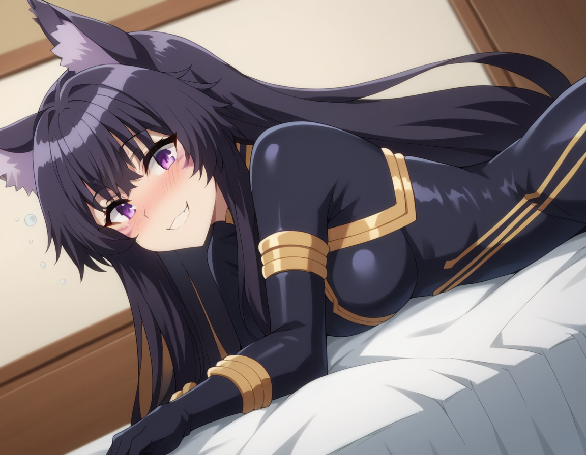 score_9, score_8_up, score_7_up, source_anime,
shadowdelta, <lora:shadow-delta-ponyxl-lora-nochekaiser:1>,
delta, long hair, black hair, animal ears, purple eyes, cat ears, animal ear fluff, facial mark, smile,
bodysuit, black bodysuit,
indoors, bed, bed room, on side, blush, drunk,
looking at viewer, cowboy shot, dutch angle,
