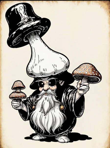 dwarf man holding a mushroom looting at mushroom happy, 2d, (black and white:1.3), clean line, (white background), Perfect hands, <lora:Tattoo_gen:0.7> <lora:fantasyV1.1:0.6>