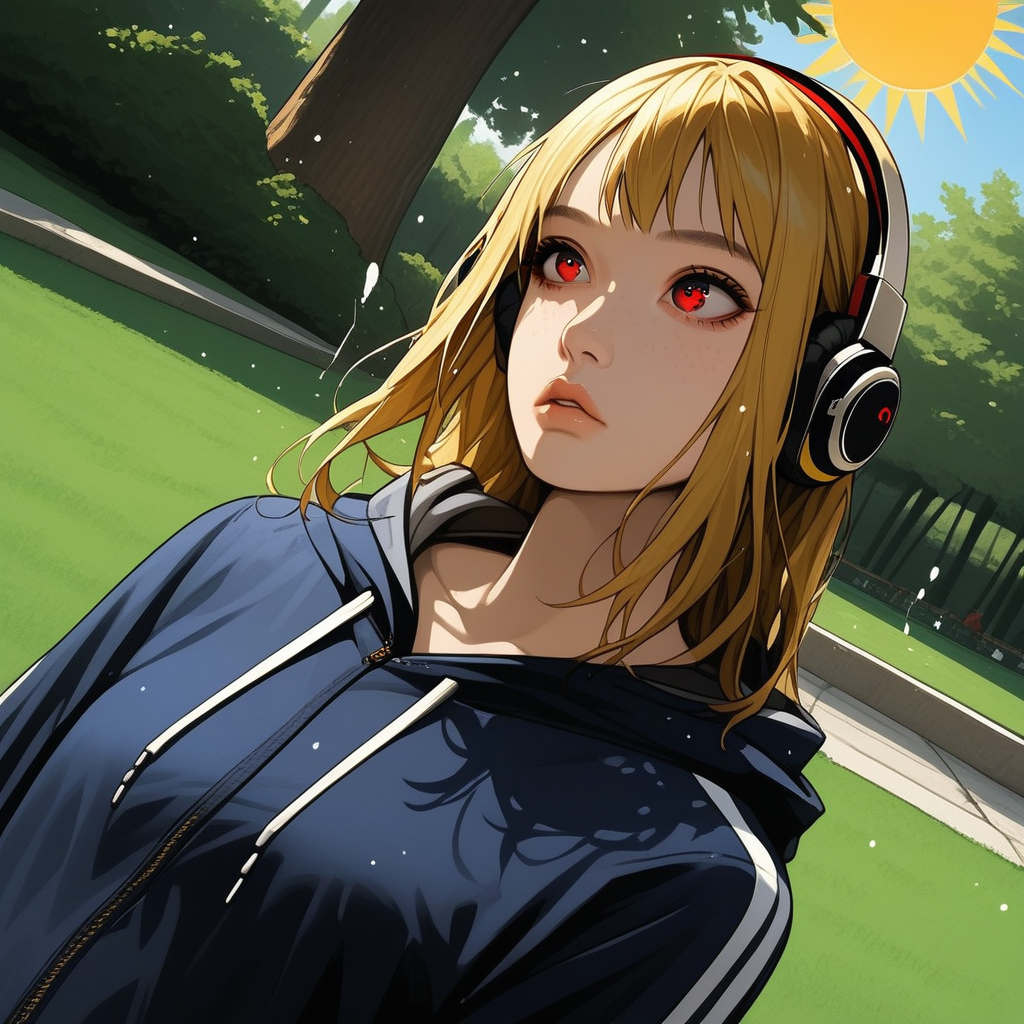 Lea Licinia, long length hair, golden hair, half up and down hairstyle, bright red eyes, oval face, sun-kissed skin with a sprinkling of freckles, slim body, medium high, expressive eyebrows, full lips, small breast, ,outdoor, parkbank, under tree, jeans, hoodie, headphones, musik, waiting, spaced out, cowboy shot, dutch angle,