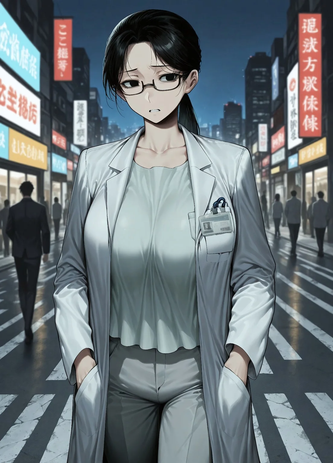 masterpiece, best quality, amazing quality, absurdres,
, 1girl, solo, black eyes, black hair, breasts, large breasts, ponytail,
black-framed eyewear, semi-rimless eyewear, white coat, labcoat, name tag, shirt, collarbone, id card, pants, pocket, grey pants, long sleeves,
Walking on street, city background, alone, blank face street, night time, depth_of_field, focus, blur background