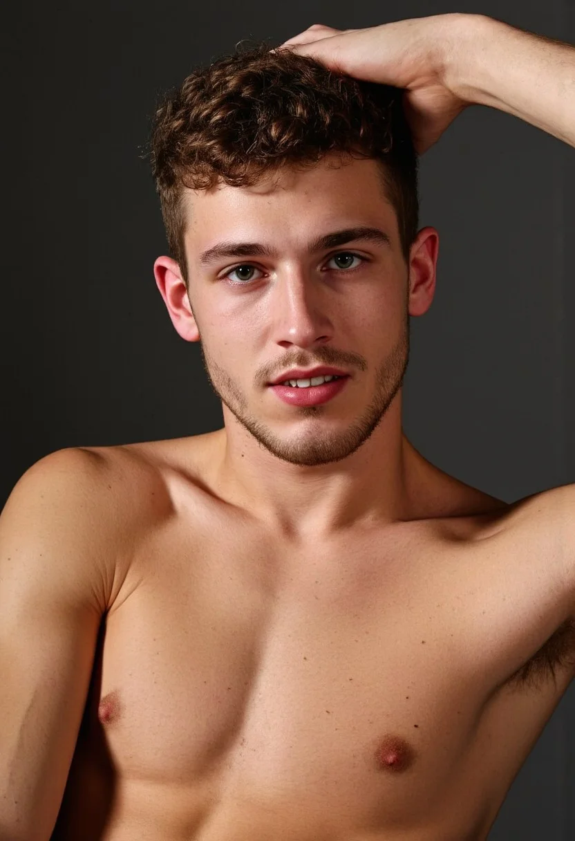 An ultra high resolution, ultra detailed professional portrait photo, 16K RAW portrait close up photograph by Erwin Olaf of an extremely handsome gorgeous man. He has beautiful glossy curly medium length Caesar cut brown hair. His face has fine detailed features, he has sharp cheekbones, a strong jawline, full parted lips, beautiful white teeth, an aquiline nose, gorgeous light green eyes with long eyelashes, thick dark eyebrows and a well maintained stubble. His body is tall and slender, his shoulders are wide, his collarbones are defined, his adam’s apple is large, his pectorals are strong, he has a lean and fit body. He is anatomically correct, his proportions are accurate and his face and body are extremely detailed and realistic. He has a perfect body, perfect face and perfect hands. Close up portrait