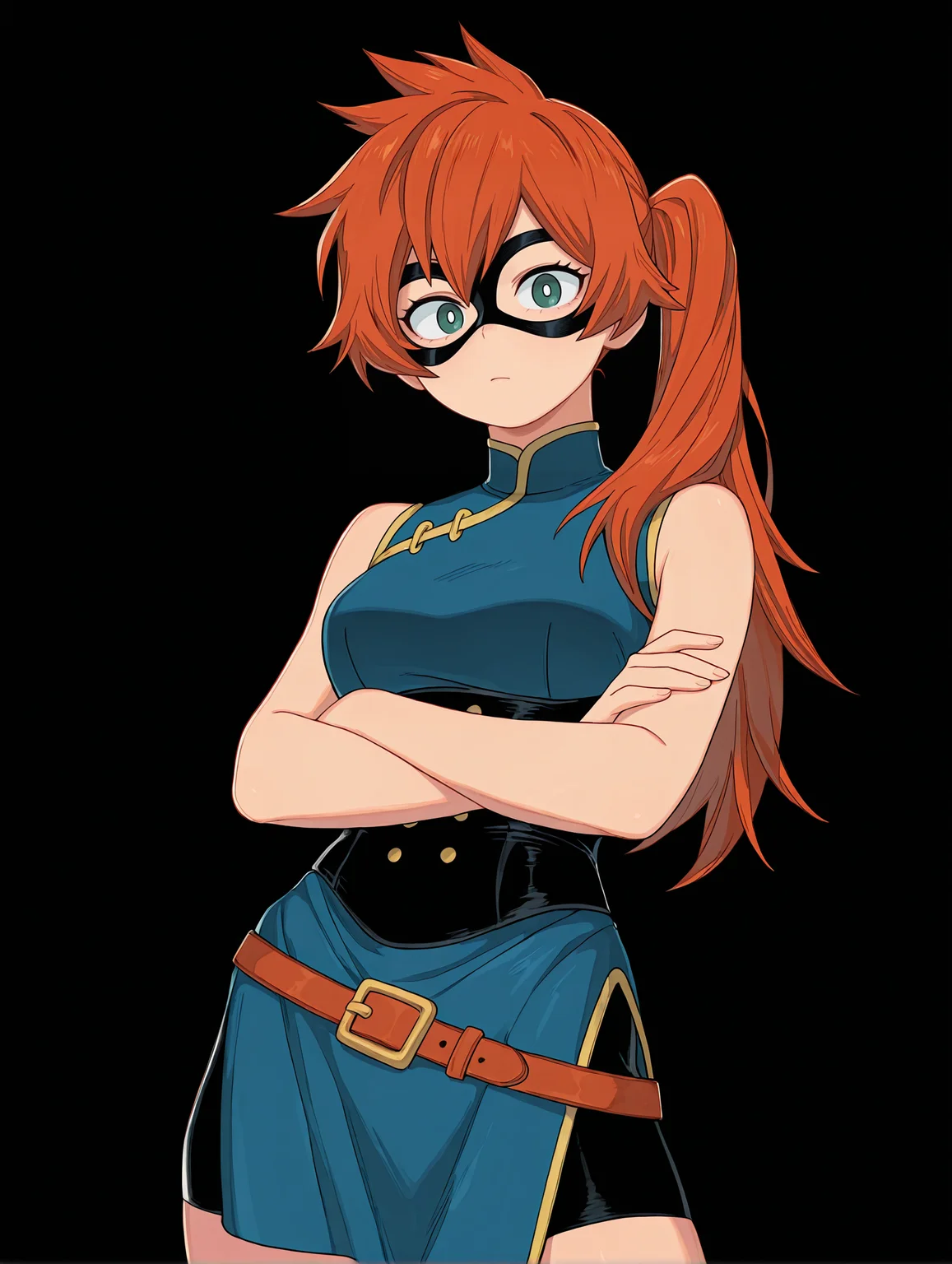 <lora:Kendo Illu:1>
1girl, solo,
kend0, long hair, orange hair, side ponytail, green eyes,
kendoher0, blue china dress, sleeveless, black corset, shorts under dress, bike shorts, belt, domino mask, underbust,
crossed arms, looking at viewer,
cowboy shot,, masterpiece, best quality, amazing quality,, simple background, black background