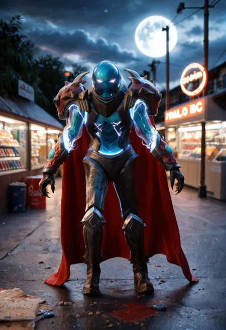 <lora:Arc_Warden_v1:1> arc_warden_v1,
1boy, no humans,
glowing,
claws,
armor, cape, helmet,gloves, shoulder armor, boots, gloves,, score_9, score_8_up, score_7_up, score_6_up, derpibooru_p_95,
detailed eyes, beautiful, detailed background, perfect eyes,
blur censor, blurry, blurry background, blurry foreground, bokeh, motion blur,
chromatic aberration, depth of field, figure, focused, focus
photography, realistic sun light and shadows, photorealism, UHD --ar 9:16 --style raw --stylize 700,
solo,
rt biome, gas station, petrol station, partially burnt out neon sign, gas pump, convenience store, hamburger picture, books, cake, counter, fluorescent light, sign, parking spaces, asphalt, dirt, garbage can, bamboo fence, moon, clouds, sku, stars, green LED light, shelf, iron block, pile of garbage, dynamic pose, dynamic angle, ((An inviting sexy pose)),
