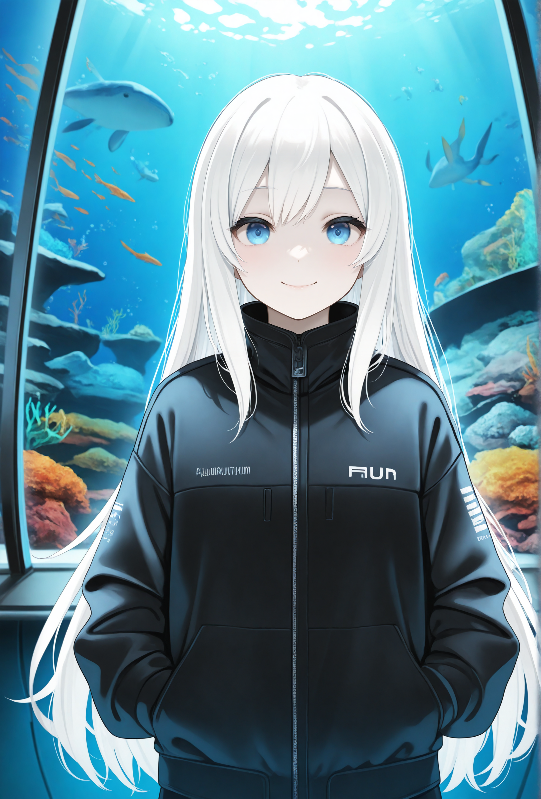 masterpiece,best quality,amazing quality, 1girl, science fiction, aquarium, pale skin, white hair, straight-on, jacket, looking at viewer, smile, <lora:casinoep_style_illustrious_v1f:1> cepstyle, blue eyes, white hair