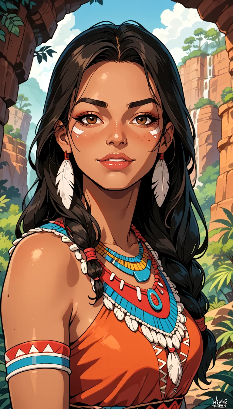 score_9, score_8_up, score_7_up, Western Comics, Portrait, girl, native american,cute, seductive, innocent, light smile:0.3, plump lips, slender body, 20yo, adorned with traditional regalia and feathers, Canyon background, dynamic angle detailed Native American tribal dress, depth of field, dynamic angle, fashion photography, sharp, hyperdetailed:1.15