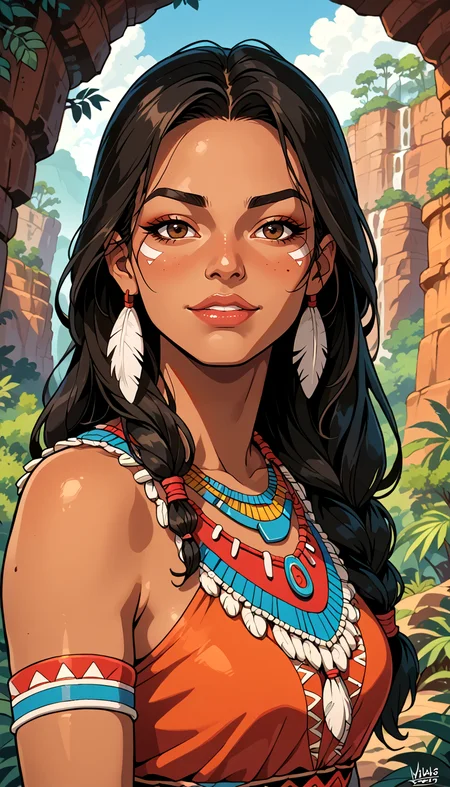 score_9, score_8_up, score_7_up, Western Comics, Portrait, girl, native american,cute, seductive, innocent, light smile:0.3, plump lips, slender body, 20yo, adorned with traditional regalia and feathers, Canyon background, dynamic angle detailed Native American tribal dress, depth of field, dynamic angle, fashion photography, sharp, hyperdetailed:1.15