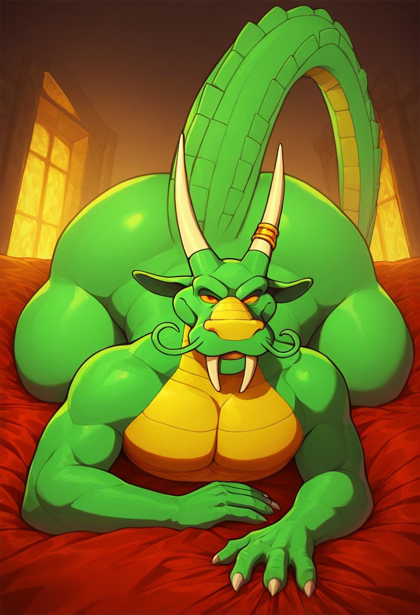 score_9_up, score_8_up, score_7_up, masterpiece, best quality, amazing quality, very aesthetic, absurdres, newest,  high quality, detailed, male, solo male, BeithirKOH, 1boy, mature male, dragon, anthro, green skin, yellow underbelly, mustache, whiskers, red eyes, yellow sclera, colored sclera, horns, tusks, broad shoulders, animal ears, bottom heavy, laying on stomach, front view, laying on bed, red sheets, looking at viewer, resting head on arms, half lidded eyes, grinning