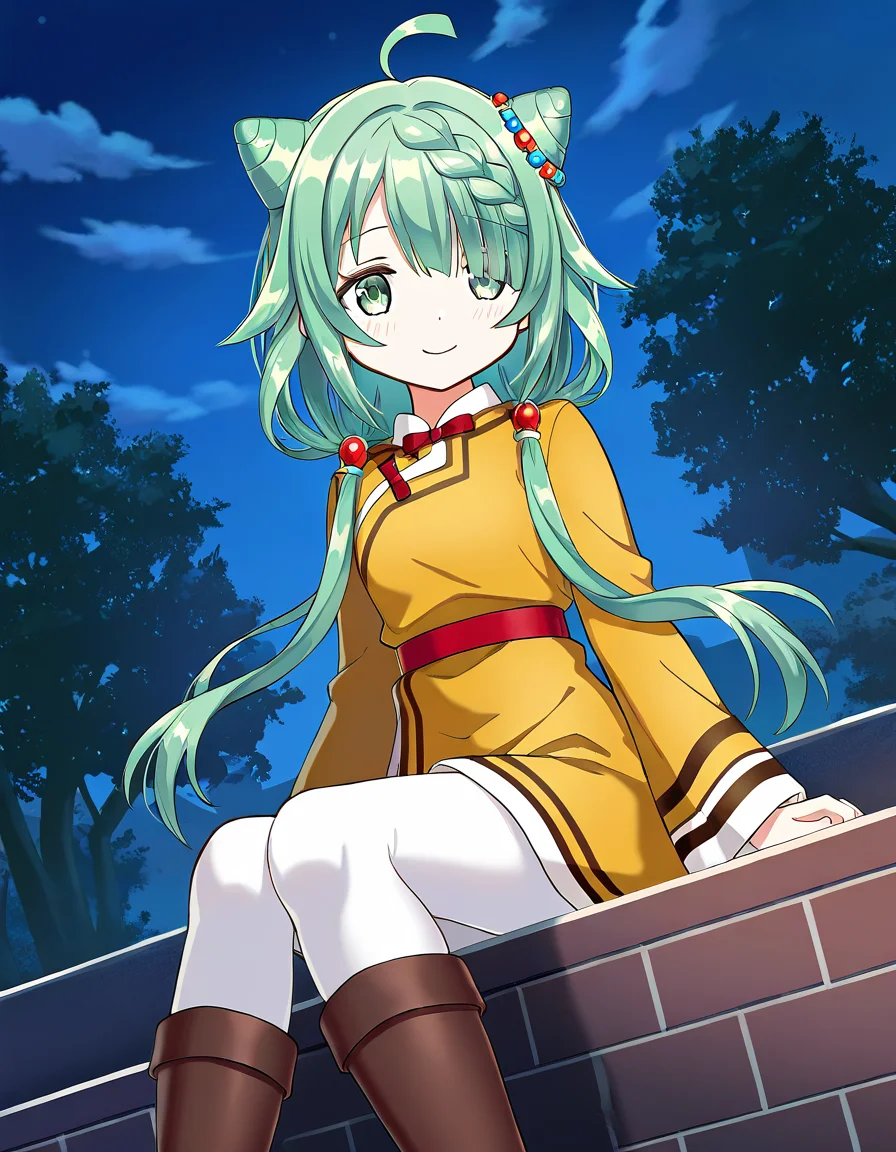 masterpiece, best quality, newest, absurdres, highres, safe, 1girl, heruka \(madoka magica\), magia record: mahou shoujo madoka magica gaiden, yellow casual costume, white pantyhose, knee boots, solo, sitting, night, outdoors, dutch angle, <lora:heruka_madoka_magica_noobaiXLNAIXL_vPred10Version:0.7>