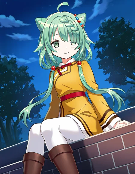 masterpiece, best quality, newest, absurdres, highres, safe, 1girl, heruka \(madoka magica\), magia record: mahou shoujo madoka magica gaiden, yellow casual costume, white pantyhose, knee boots, solo, sitting, night, outdoors, dutch angle, <lora:heruka_madoka_magica_noobaiXLNAIXL_vPred10Version:0.7>