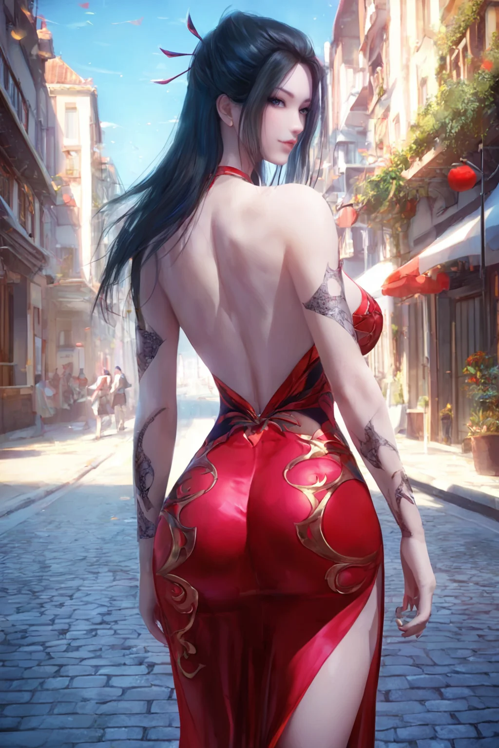 score_9, score_8_up, score_7, 1girl, highly detail,beautiful detailed black eyes,looking at viewer,<lora:Sakimi_Chan_-_Style:0.3>,sakimichan,<lora:yanlingjixl:1>,black hair, breasts, on street,walking, from behind,looking back, dress flip,, masterpiece, best quality,