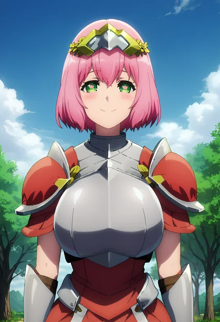 PonyXLV6_Scores ,source_anime, masterpiece,best quality, highly detailed,<lora:xl_more_art-full_v1:0.8>,cinematic,unity 8k wallpaper, amazing quality, masterpiece, best quality, hyper detailed, ultra detailed, UHD, perfect anatomy,<lora:anime_screencap:1>fine anime screencap_xl, anime screencap
BREAK
<lora:hana:0.8>hana, 1girl, solo, pink hair, green eyes, smile, symbol-shaped pupils, blush, armor, shoulder armor, heart, short hair, breasts, outdoors, pauldrons, sky, day, tree,huge breasts, bangs, blue sky, cloud, breastplate,goggles on head