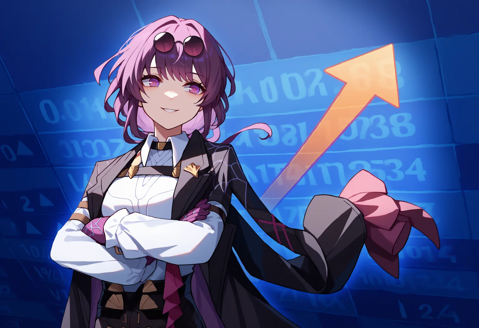 score_9, score_8_up, score_7_up, 1girl, stonks, arrow (symbol), crossed arms, formal, smile, upper body, blue background, <lora:StonksMeme_pdxl_Incrs_v1:1.2>, looking to the side, <lora:Kafka_XLPD:1> kafka, purple eyes, bangs, eyewear on head, collared white shirt, long sleeves, jacket on shoulders, black jacket, black shorts, gloves, purple gloves, pantyhose under shorts, criss-cross straps