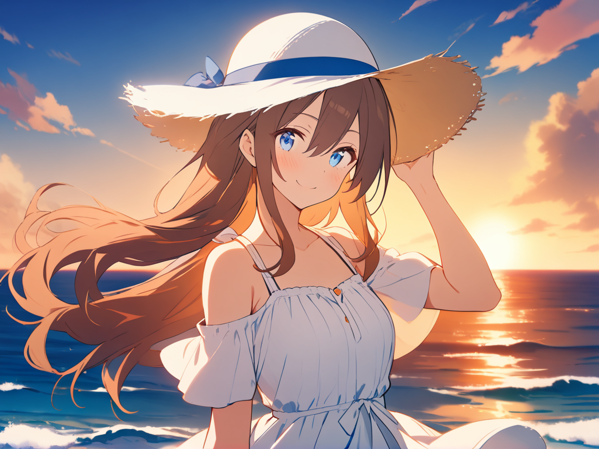 1girl, 
solo, outdoors, adjusting clothes, blue sky, sun hat, white dress, upper body, blue eyes, sky, smile, hair between eyes, blush, closed mouth, ocean, adjusting headwear, hat, cloud, floating hair, hand on headwear, horizon, sunset, looking at viewer, short sleeves, brown hair, dress, hand up, cloudy sky, white headwear, water, long hair, sundress, 
masterpiece, best quality,  safe
 <lora:mki-ani31-TMND-v2-000050:1>