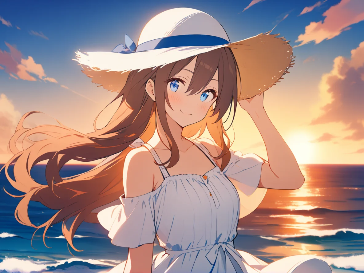 1girl,
solo, outdoors, adjusting clothes, blue sky, sun hat, white dress, upper body, blue eyes, sky, smile, hair between eyes, blush, closed mouth, ocean, adjusting headwear, hat, cloud, floating hair, hand on headwear, horizon, sunset, looking at viewer, short sleeves, brown hair, dress, hand up, cloudy sky, white headwear, water, long hair, sundress,
masterpiece, best quality, safe
<lora:mki-ani31-TMND-v2-000050:1>