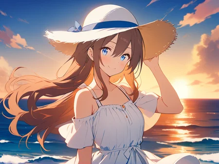 1girl,
solo, outdoors, adjusting clothes, blue sky, sun hat, white dress, upper body, blue eyes, sky, smile, hair between eyes, blush, closed mouth, ocean, adjusting headwear, hat, cloud, floating hair, hand on headwear, horizon, sunset, looking at viewer, short sleeves, brown hair, dress, hand up, cloudy sky, white headwear, water, long hair, sundress,
masterpiece, best quality, safe
<lora:mki-ani31-TMND-v2-000050:1>