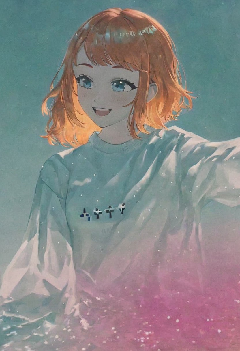 vaporwave art,one girl,orange hair,molly maccormack, cute,happy
