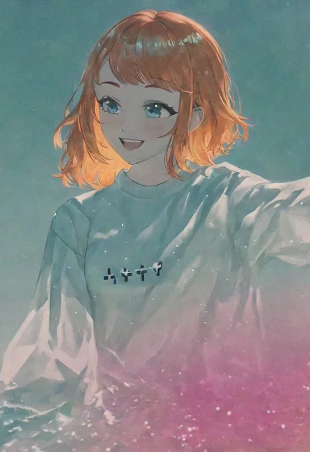 vaporwave art,one girl,orange hair,molly maccormack, cute,happy