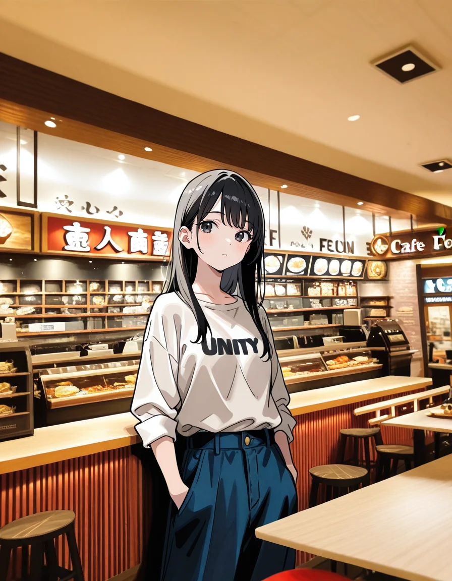 score_7_up, anime BREAK official art, solo, 1girl, one girl,
Black hair, (chest length hair:1.2), Straight Hair, bangs, one tucked behind ear, black eyes, feature large highlight, feature double highlights, shaped eyeblow,
<lora:Shopping_Mall-000006:1>, Shopping Mall, photo background, real world location,
scenery, restaurant, shop, stool, table, ceiling light, indoors, counter, shelf, cafe, food court
(masterpiece:1.3), best quality, high resolution, unity 8k wallpaper, extremely detailed CG, 8K, (watercolor \(medium\), muted color, sketch:1.1), perfect anatomy, highly finished, masterpiece, best quality, high quality, amazing quality, great quality, very aesthetic, ultra detailed, highres, absurdres, highly detailed, highly detailed background,