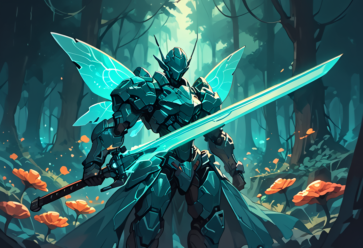 score_9, score_8_up, score_7_up, score_6_up, score_5_up, score_4_up, (cinematic shot of a adult female magical fairy, beautiful face details and long hair, holding a magical glowing sword in an epic attack pose, wearing mecha armor, colorful magical fairy wings on her back, magical fantasy forest in background with glowing mushrooms:1.2), hkmecha