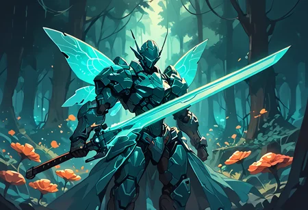 score_9, score_8_up, score_7_up, score_6_up, score_5_up, score_4_up, (cinematic shot of a adult female magical fairy, beautiful face details and long hair, holding a magical glowing sword in an epic attack pose, wearing mecha armor, colorful magical fairy wings on her back, magical fantasy forest in background with glowing mushrooms:1.2), hkmecha