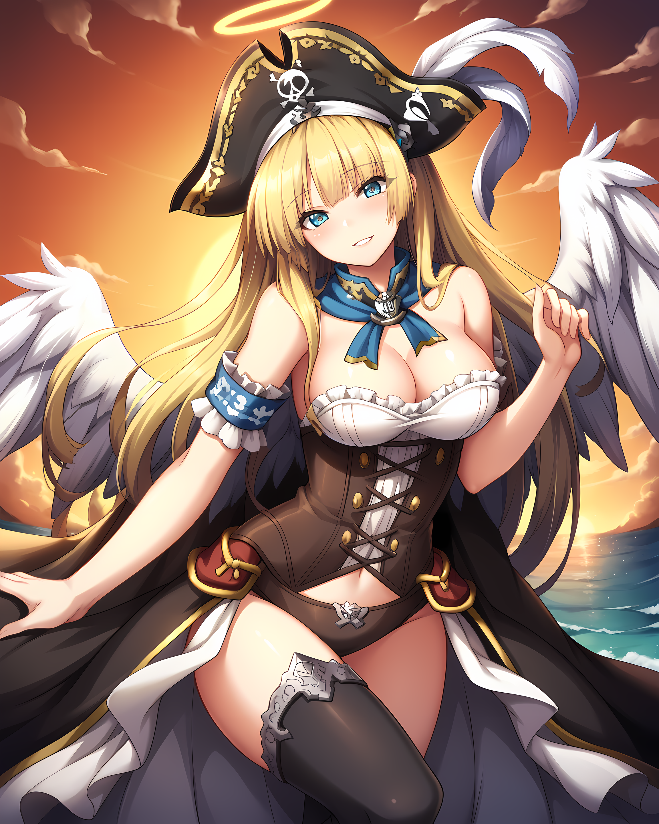 agnes,eushully,pirate hat,pirate costume,pirate,miniskirt,corset,lace trim,frilled armband,tiara,1girl,blonde hair,blue eyes,very long hair,large breasts,blush,parted lips,sunset,angel wings,feathered wings,angel,halo,<lora:Eushully_Agnes:1>,smile,head tilt,black thighhighs,on floor,pirate ship,ship,ocean,cloud,standing,looking afar,hand on forehead,, score_9, score_8_up, score_7_up,source_anime,(masterpiece),(best quality),(ultra-detailed),(best illustration),(best shadow),(absurdres),(detailed background),(very aesthetic),source_anime