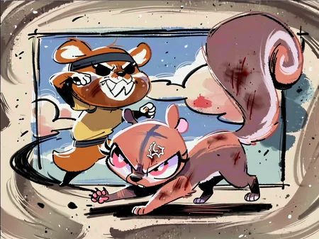 score_9, score_8_up, score_7_up, score_6_up, score_5_up, score_4_up, Two toony video game squirrels fighting, source_furry, screencap, gameplay mechanics, hud, number, health bar, text
BREAK
female, female/female,tree squirrel, sciurid, squirrel tail, feral, chibi, cyan fur, magenta fur, white spots, countershading, big eyes, blue eyes, pink eyes, looking at another, glaring, angry, evil grin, sharp teeth, black pupils, long eyelashes,  action pose, duo, fight, fighting pose, ninja, headband
BREAK
sanrio, detailed background, amazing background, punch, kick, paws, claws, blood, scratches, roman, column, gladiator, motion lines, lineless, vector, betes, cute, <3, paws, pawpads, watercolor painting, painting