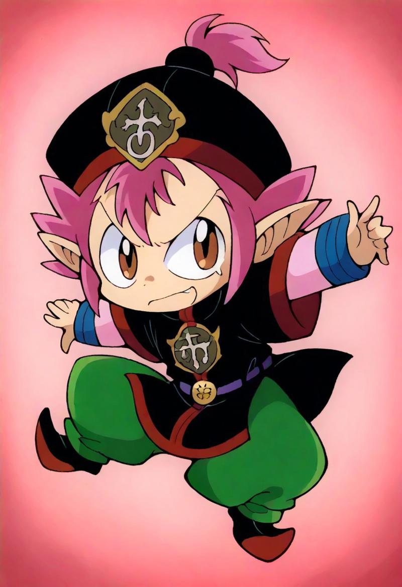 score_9, score_8_up, score_7_up, score_6_up, koashura, 1boy, solo, small body, brown eyes, Pink spiky hair, pony tail, Pink flame-like tuft, shorte pink bangs, Large pointed ears, Black tunic with red trim, purple belt with Golden emblem, cartoonish emblem, Turquoise swirl patterns on chest, Ornate black hat, pink long-sleeved undershirt with blue cuffs,  Bright green baggy pants, Red upturned shoes, CuteCartoonStyle