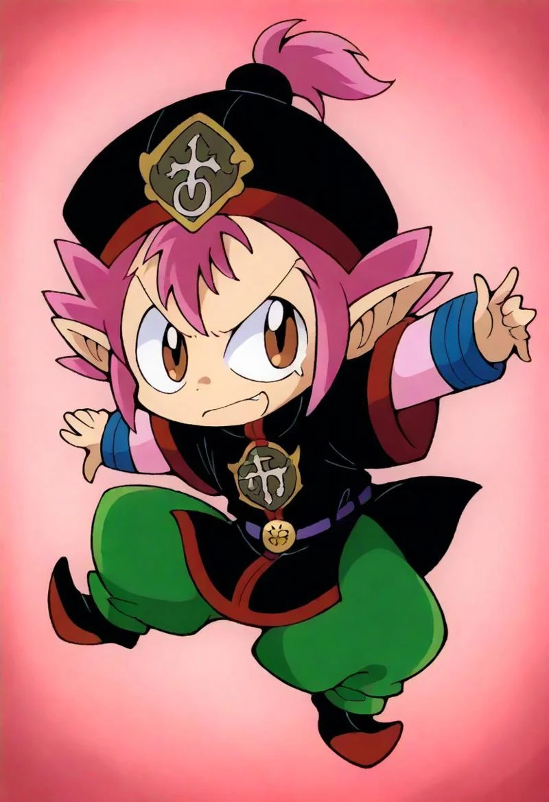 score_9, score_8_up, score_7_up, score_6_up, koashura, 1boy, solo, small body, brown eyes, Pink spiky hair, pony tail, Pink flame-like tuft, shorte pink bangs, Large pointed ears, Black tunic with red trim, purple belt with Golden emblem, cartoonish emblem, Turquoise swirl patterns on chest, Ornate black hat, pink long-sleeved undershirt with blue cuffs, Bright green baggy pants, Red upturned shoes, CuteCartoonStyle