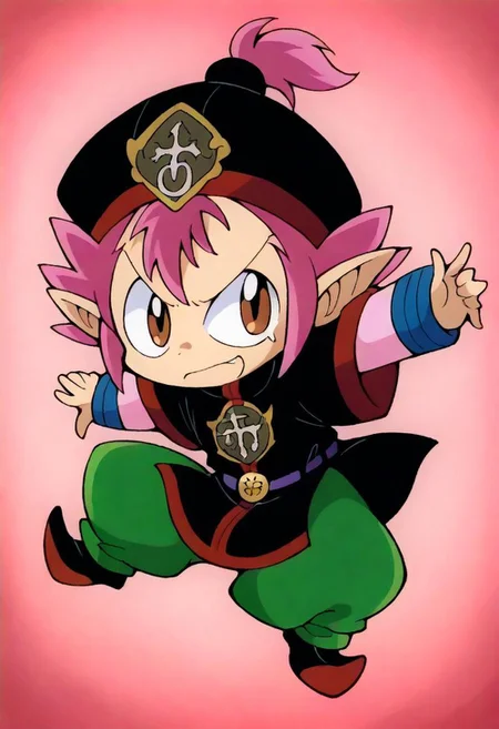 score_9, score_8_up, score_7_up, score_6_up, koashura, 1boy, solo, small body, brown eyes, Pink spiky hair, pony tail, Pink flame-like tuft, shorte pink bangs, Large pointed ears, Black tunic with red trim, purple belt with Golden emblem, cartoonish emblem, Turquoise swirl patterns on chest, Ornate black hat, pink long-sleeved undershirt with blue cuffs, Bright green baggy pants, Red upturned shoes, CuteCartoonStyle