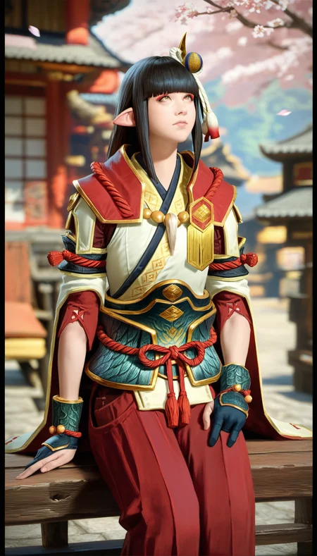 score_9,score_8_up,score_7_up,
<lora:hinoa:0.9>,
mhhinoa,
photorealistic,
1girl, solo, black hair, long hair, blunt bangs, hair ornament, yellow eyes, looking up, pointy ears, red and white short cape, shoulder necklace, white japanese robe top, deep red undershirt, green waist armor, detached sleeves, red cut out pants, deep red pants underneath, black fingerless gloves, 4 fingers, cowboy shot, facing aside, sitting, on red bench, left hand on leg, right hand on bench, blurry background, outdoors, rustic village, wooden structures, blue cloth banners, building, tree, cherry blossoms