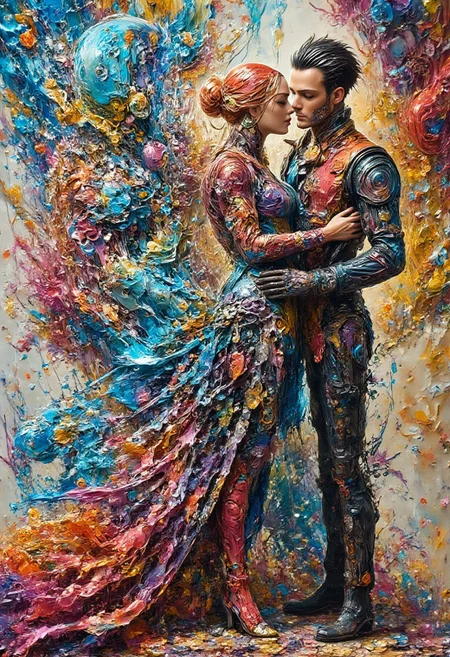 Origami world, watercolorbackground. couple, woman, 25 years, long hair, dress.
men, cyborg. standing. hug. cuddle. kiss. london. vibrant glow,
vantablack, ArsMJStyle, impressionism, aidmaMJ6.1, cc_cyborg