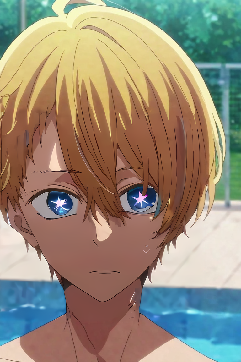 score_9, score_8_up, score_7_up, score_6_up, score_5_up, score_4_up, BREAK source_anime, anime screencap, anime coloring, , , , depth of field, 1boy, solo, male focus, <lora:aquamarine_hoshino_pony:0.82>, aquamarine_hoshino, blonde hair, blue eyes, bangs, hair between eyes, short hair, symbol-shaped pupils, star-shaped pupils, , pool, , <lora:sdxl_lightning_8step_lora:1>